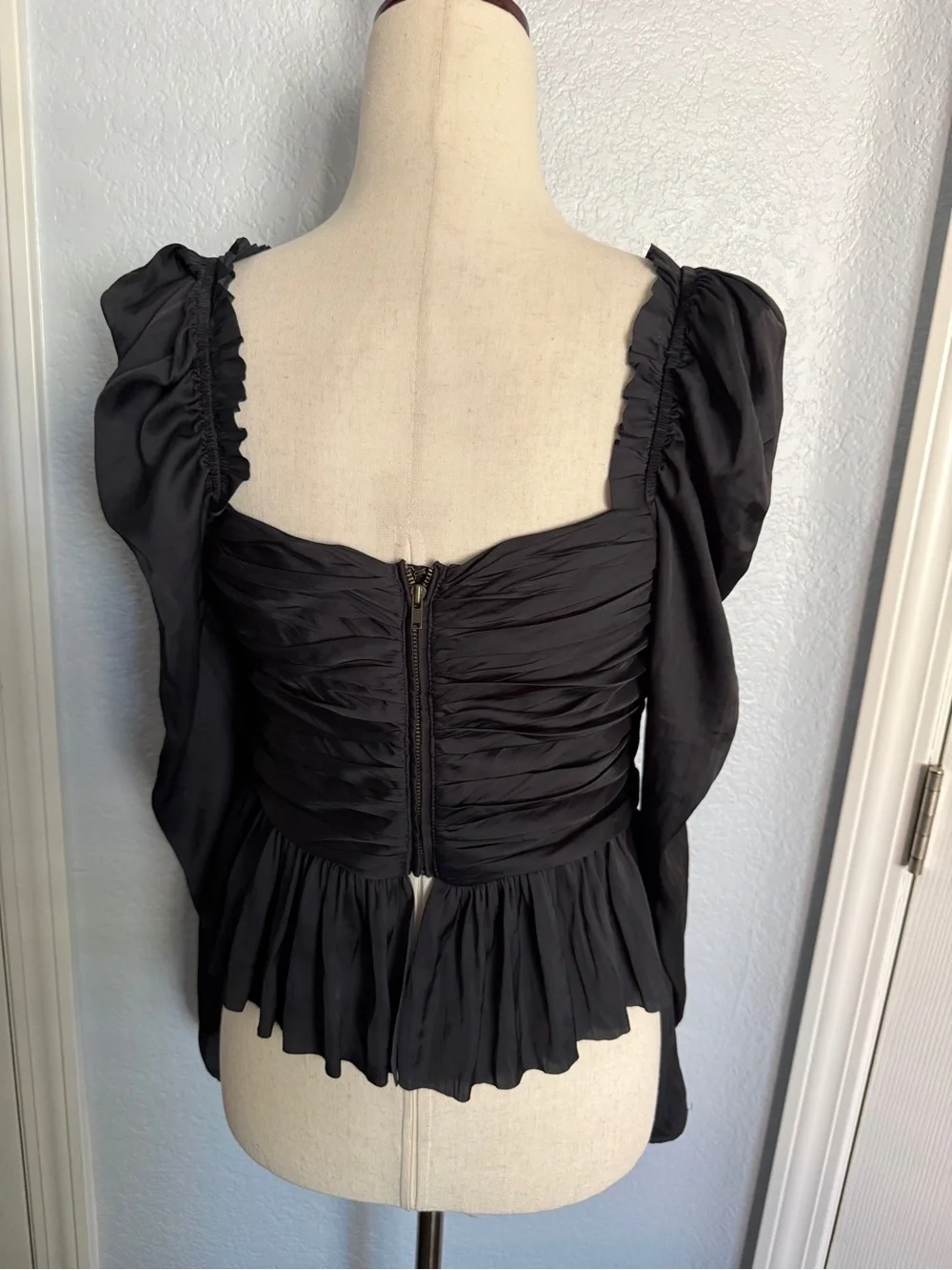 Ulla Johnson Black Ruched Peplum Blouse Puff Sleeve Silk Blend Top S